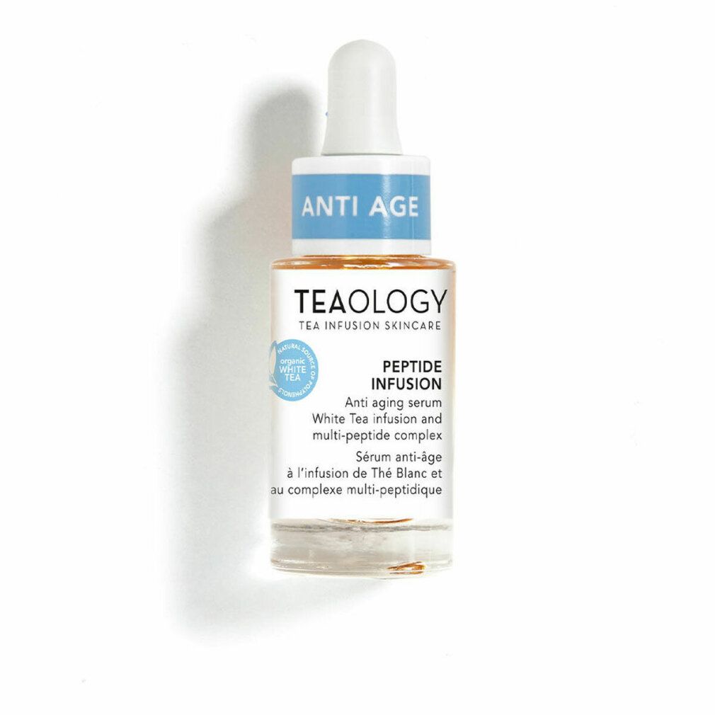 Siero liquido trasparente in flacone di vetro con pipetta. Scritta: ANTI AGE, TEAOLOGY, PEPTIDE INFUSION. Contiene infusione di tè bianco e complesso multi-peptidico.