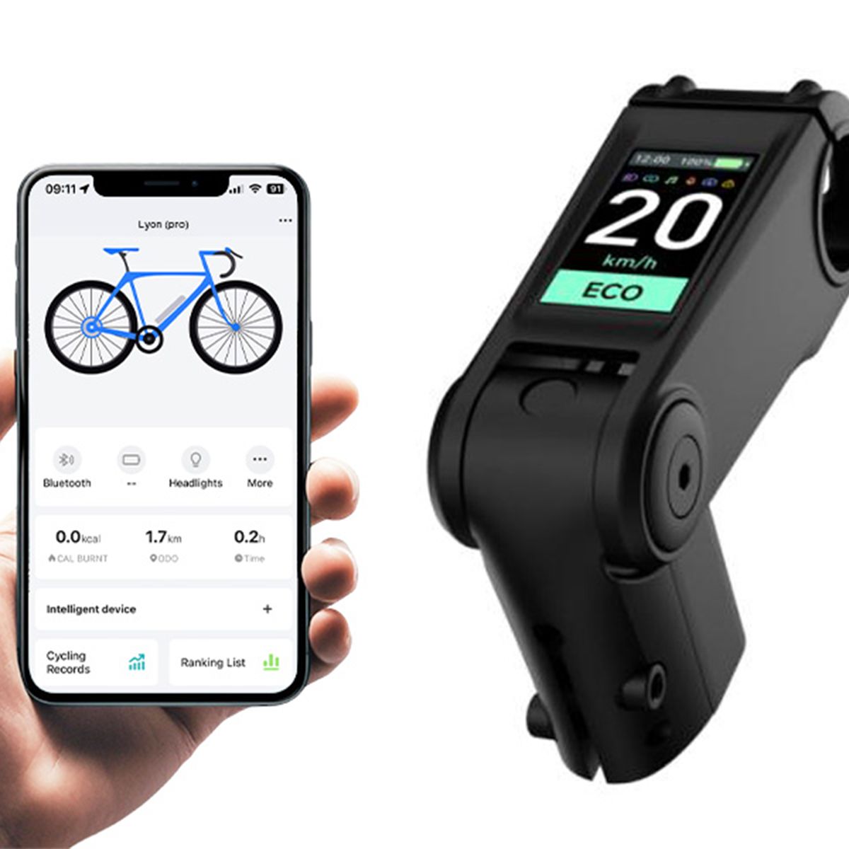 Smartphone con visualizzazione app e computer di bordo con indicatore di velocità. Entrambi i dispositivi sono neri.