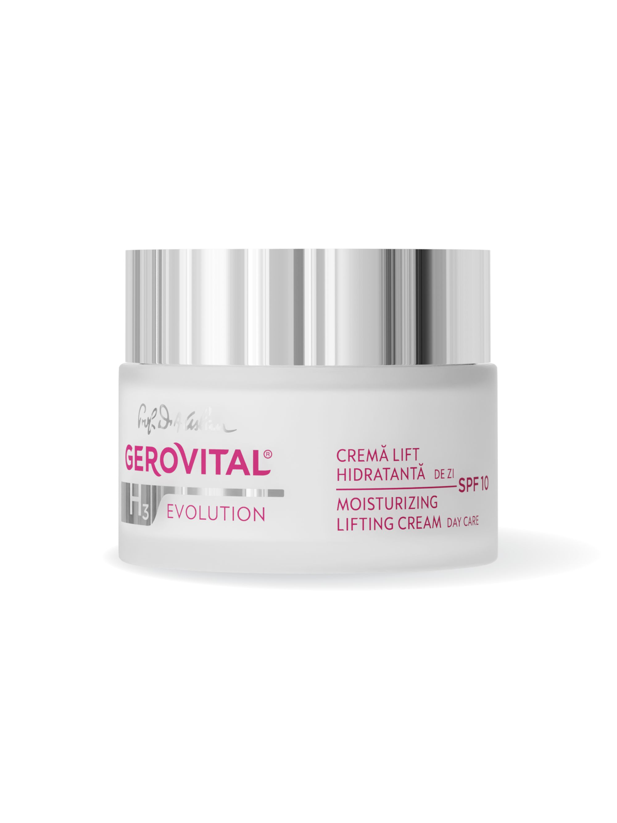 Vasetto di crema. Scritta: Gerovital H3 Evolution, Crema Lift Idratantă, SPF 10. Crema giorno.
