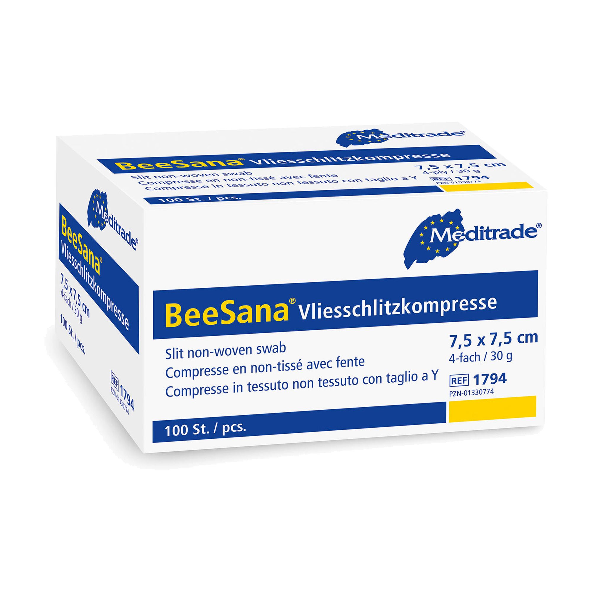 Compresse in tessuto non tessuto con taglio a Y BeeSana, 7,5 x 7,5 cm, 4 strati, 30 g, 100 pezzi.