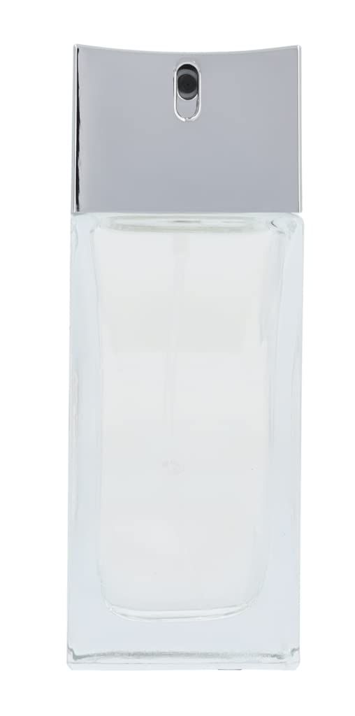 Flacone rettangolare in vetro con tappo argentato. Contiene liquido trasparente. Erogatore spray.