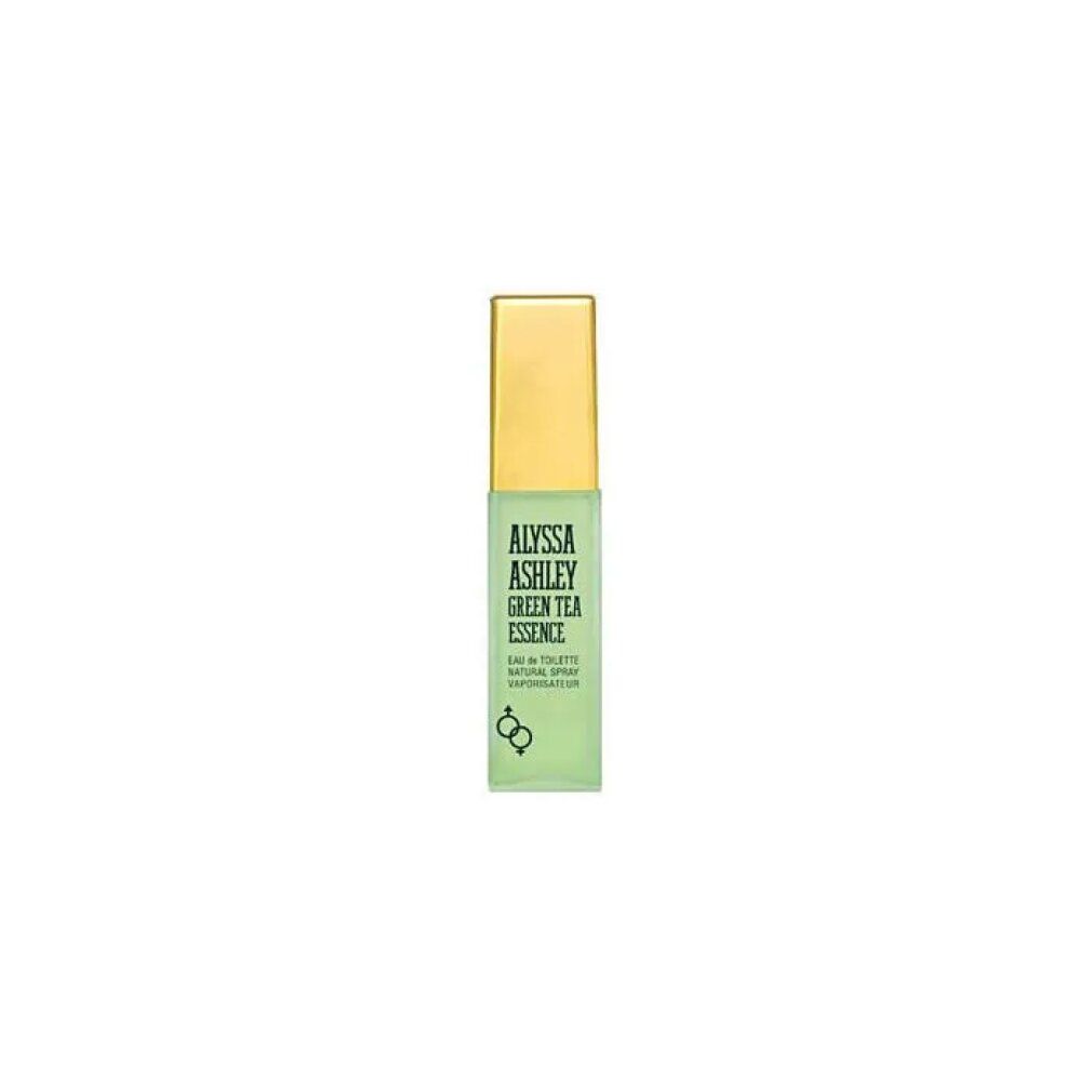 Alyssa Ashley Green Tea Essence Eau de Toilette Spray. Flacone verde con tappo dorato. Testo: Alyssa Ashley, Green Tea Essence.