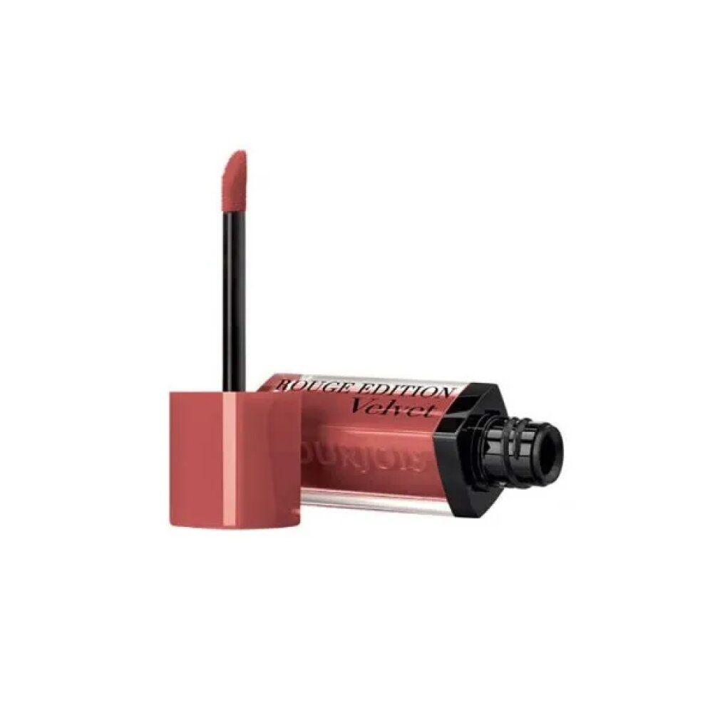 Rossetto con tappo aperto e applicatore. Scritta Rouge Edition Velvet e Bourjois. Vista del prodotto.