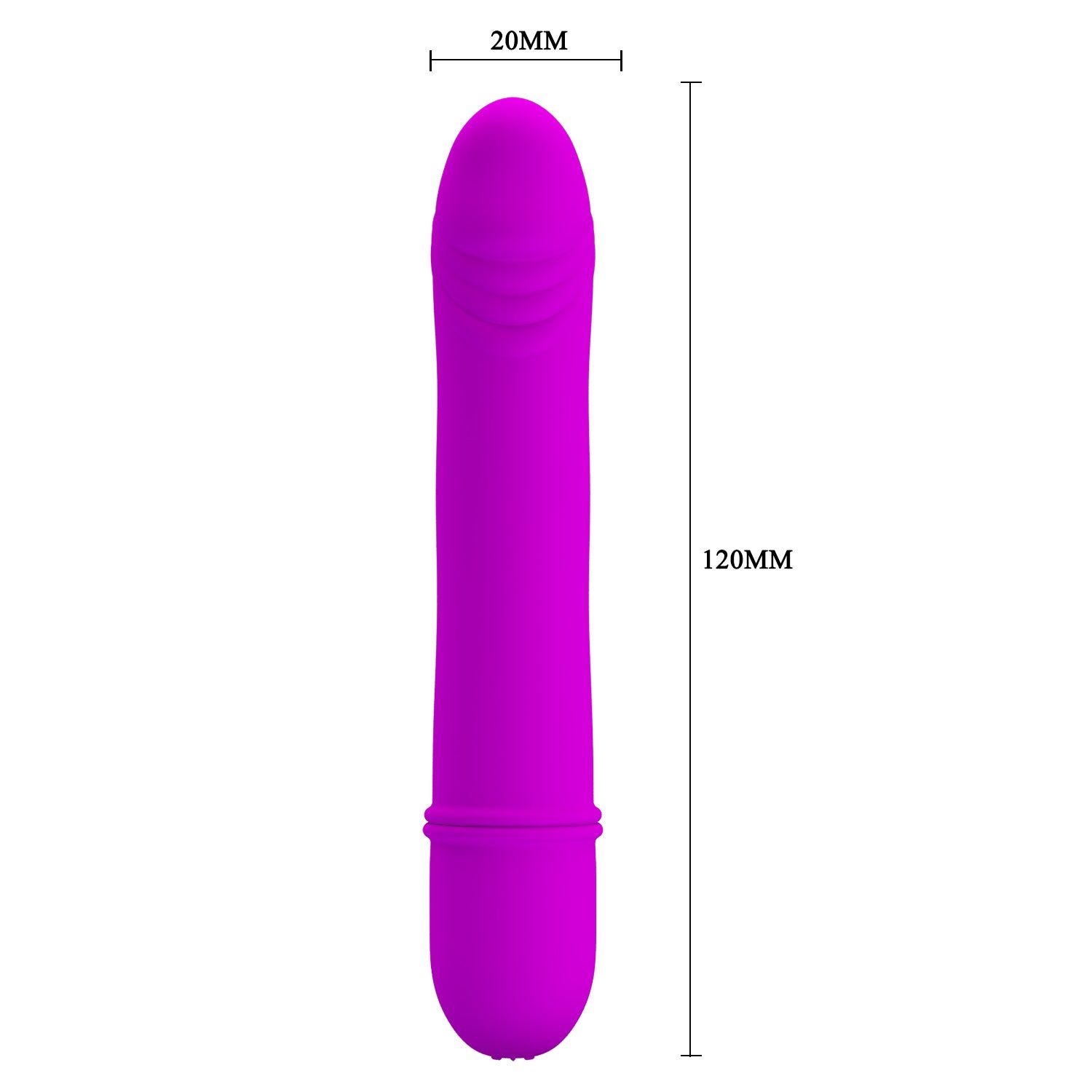 Vibratore viola, estremità scanalata. Dimensioni: 120mm lungo, 20mm largo. Base arrotondata.