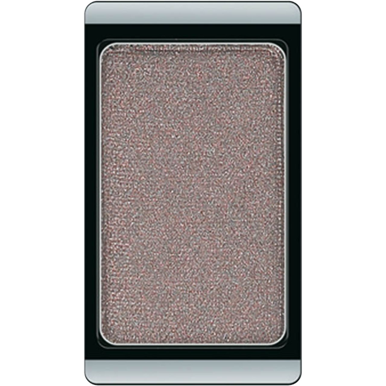 Ombretto rettangolare. Colore marrone grigio, circondato da una cornice nera e un bordo argentato.