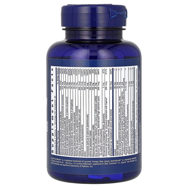 Retro della bottiglia con informazioni nutrizionali e ingredienti per Life Extension Two-Per-Day Multivitamin.
