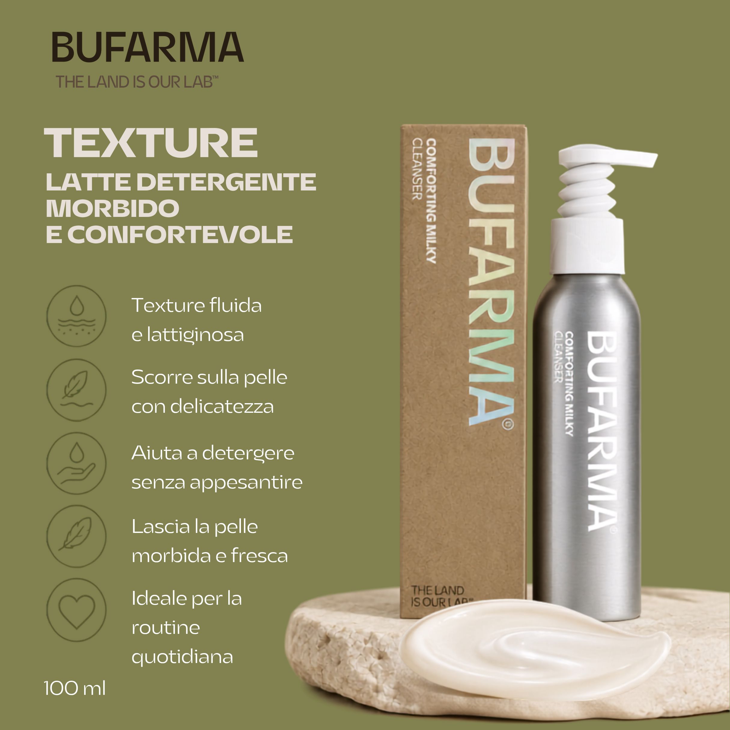 Bufarma latte detergente, texture fluida, 100ml. Presentato su una pietra.