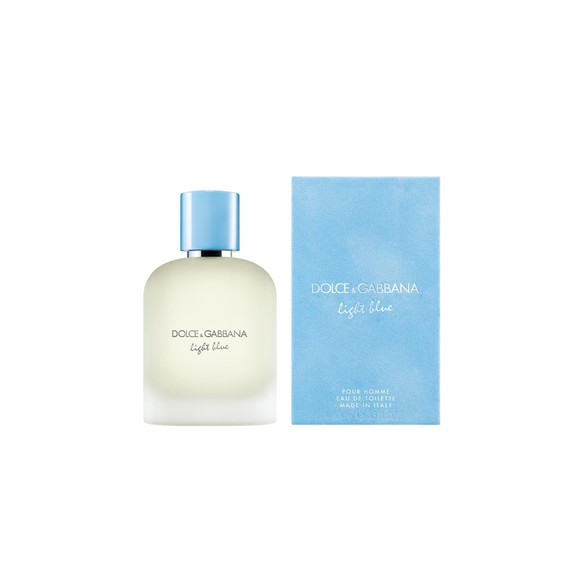 Flacone di profumo azzurro e scatola. Scritta: Dolce & Gabbana Light Blue. Flacone con tappo azzurro chiaro.