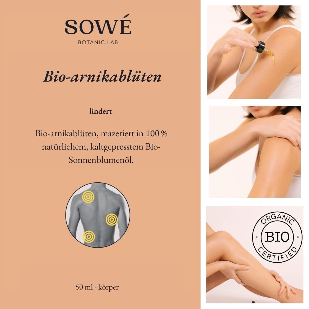 Etichetta con testo e illustrazioni. Scritta: SOWÉ, Bio-arnikablüten, 50 ml. Con sigillo bio.