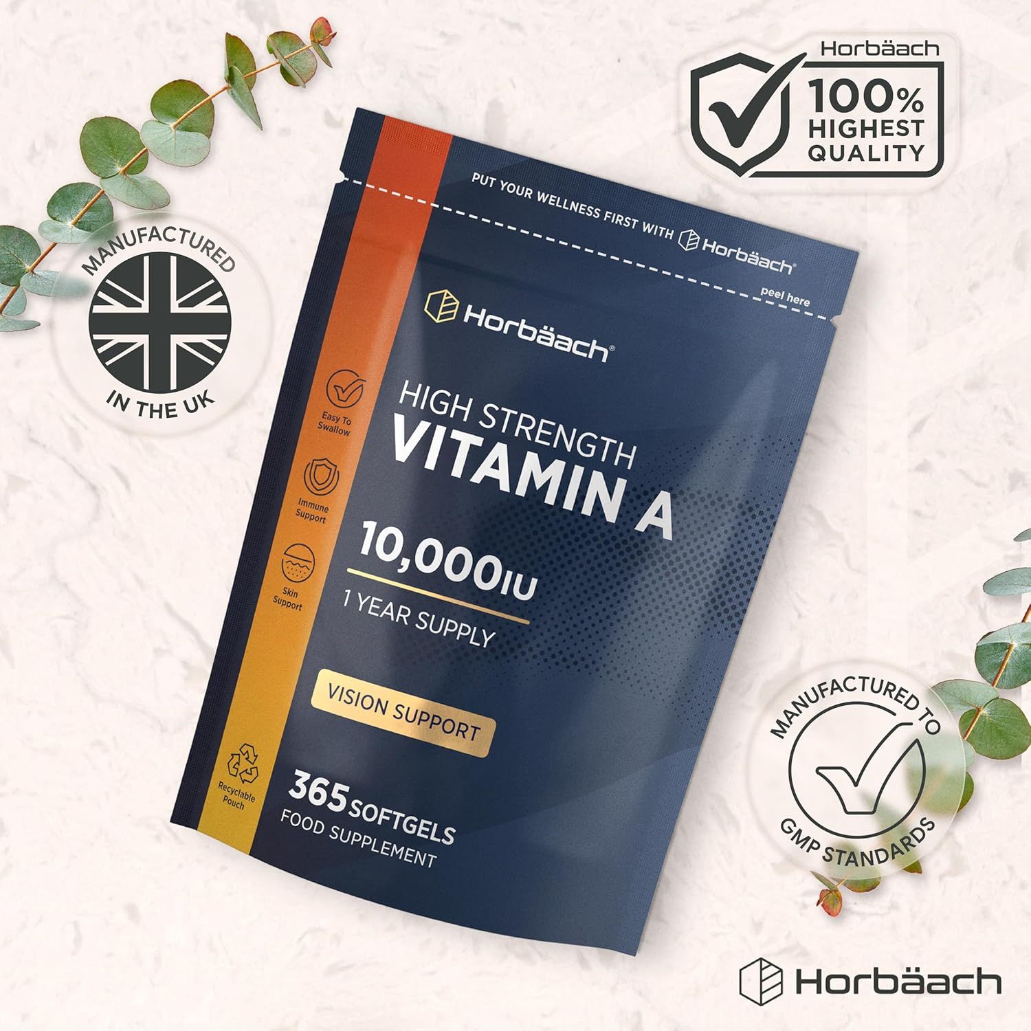 Confezione blu scuro con capsule di vitamina A 10.000 UI. Testo: 1 anno di fornitura, supporto visivo, 365 capsule molli. Prodotto nel Regno Unito, standard GMP.