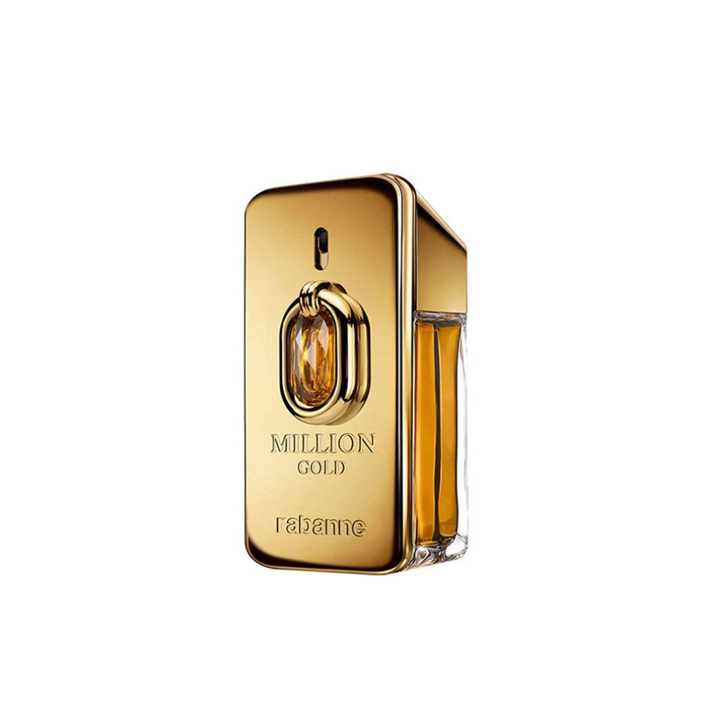 Flacone dorato con "Million Gold" e "rabanne". Forma rettangolare, chiusura dorata, pietra, vetro visibile.