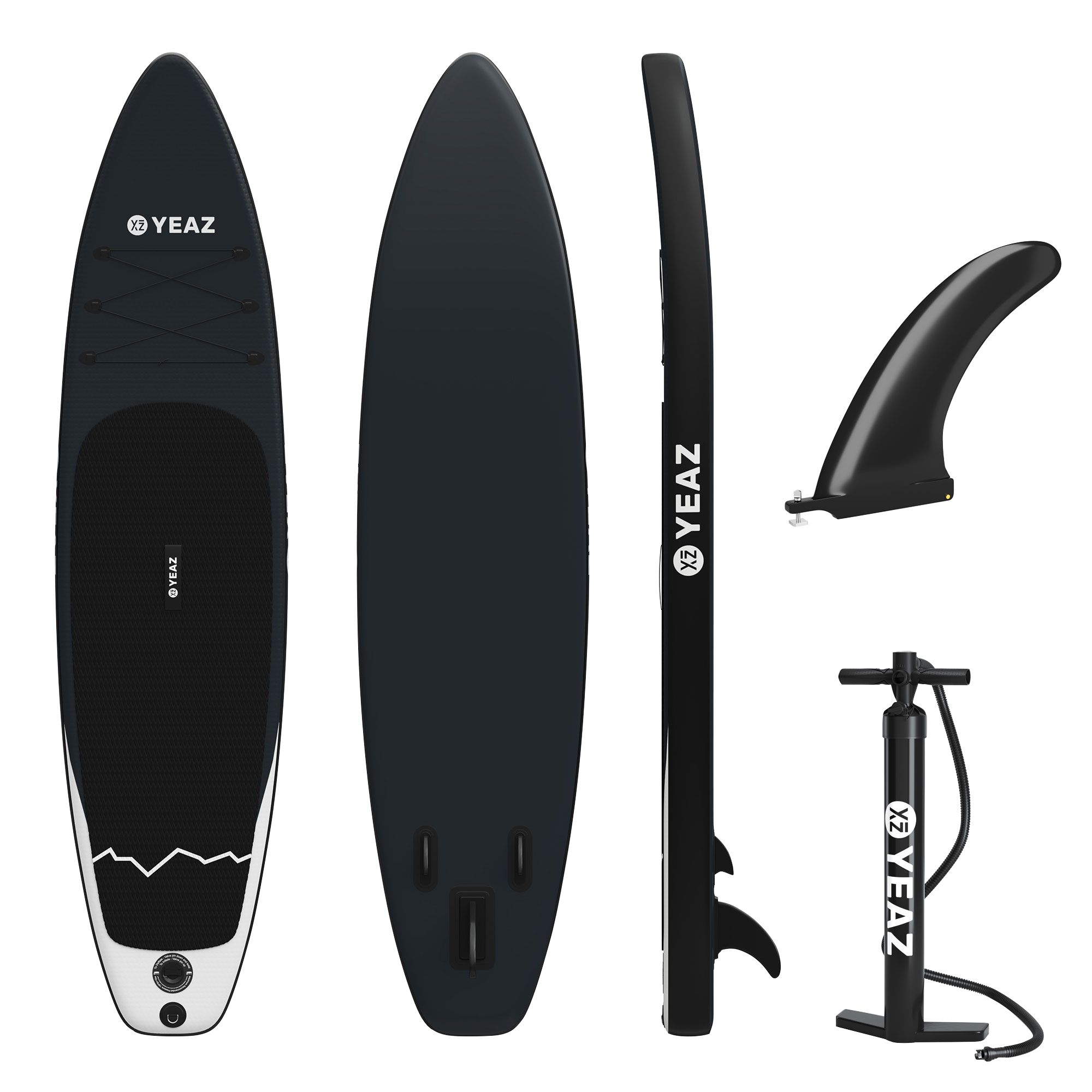 Set tavola da Stand-Up Paddle nera con accessori: pinna e pompa. Marca YEAZ visibile.