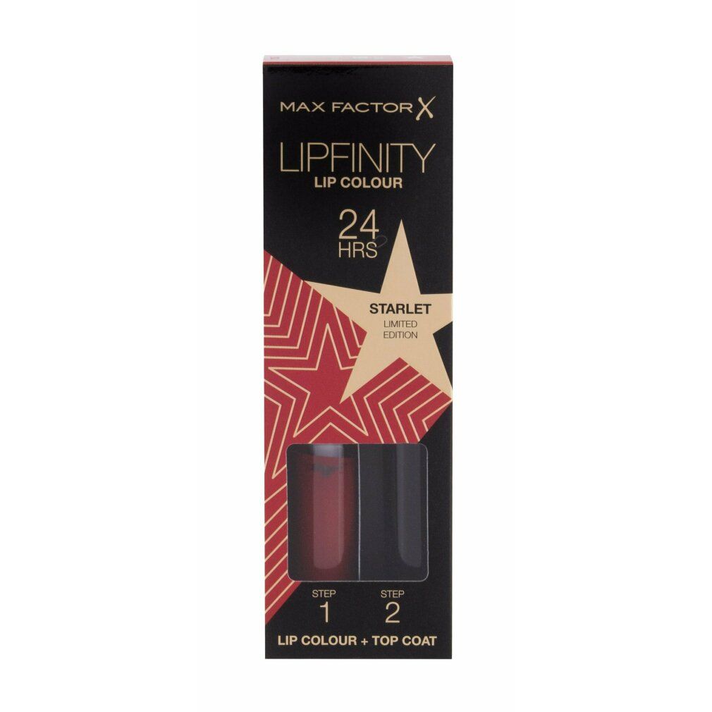 Confezione Max Factor Lipfinity Lip Colour. Confezione nera con motivo a stelle. Contiene Lip Colour e Top Coat.