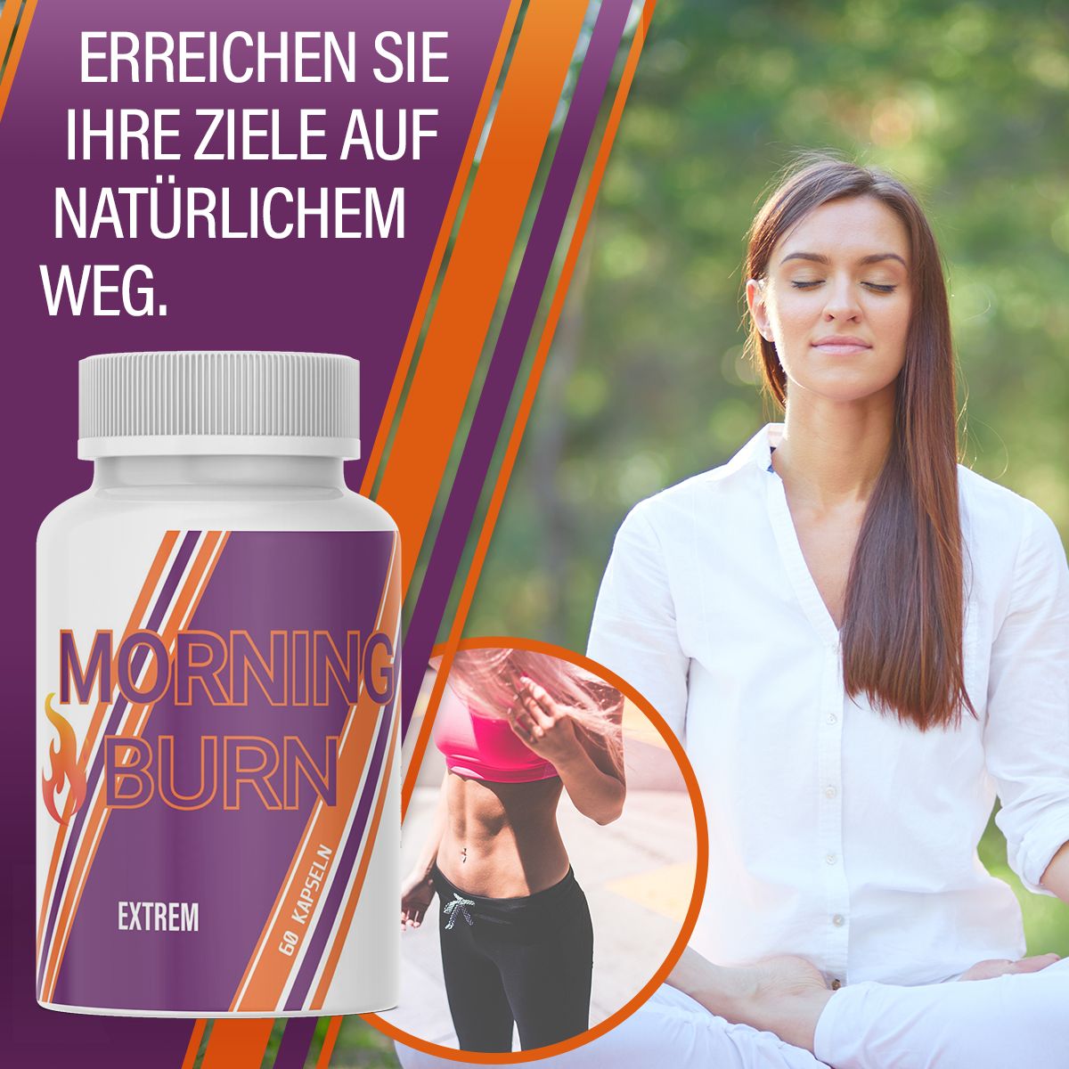 Flacone bianco con etichetta viola e arancione. Testo: MORNING BURN, EXTREM. Donna che medita sullo sfondo, piccola immagine di una donna.