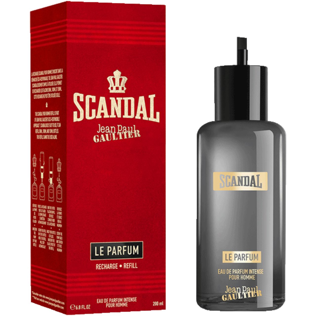 Flacone di profumo grigio con tappo nero e confezione rossa. Scritta: Scandal Le Parfum, Jean Paul Gaultier. Ricarica.