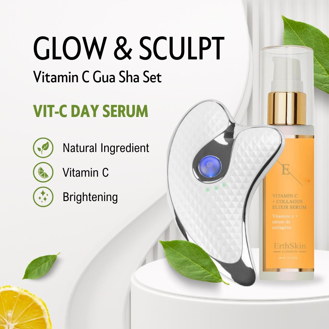 Massaggiatore Gua Sha e siero. Dispositivo argentato, siero giallo con tappo dorato. Nome del prodotto e ingredienti.