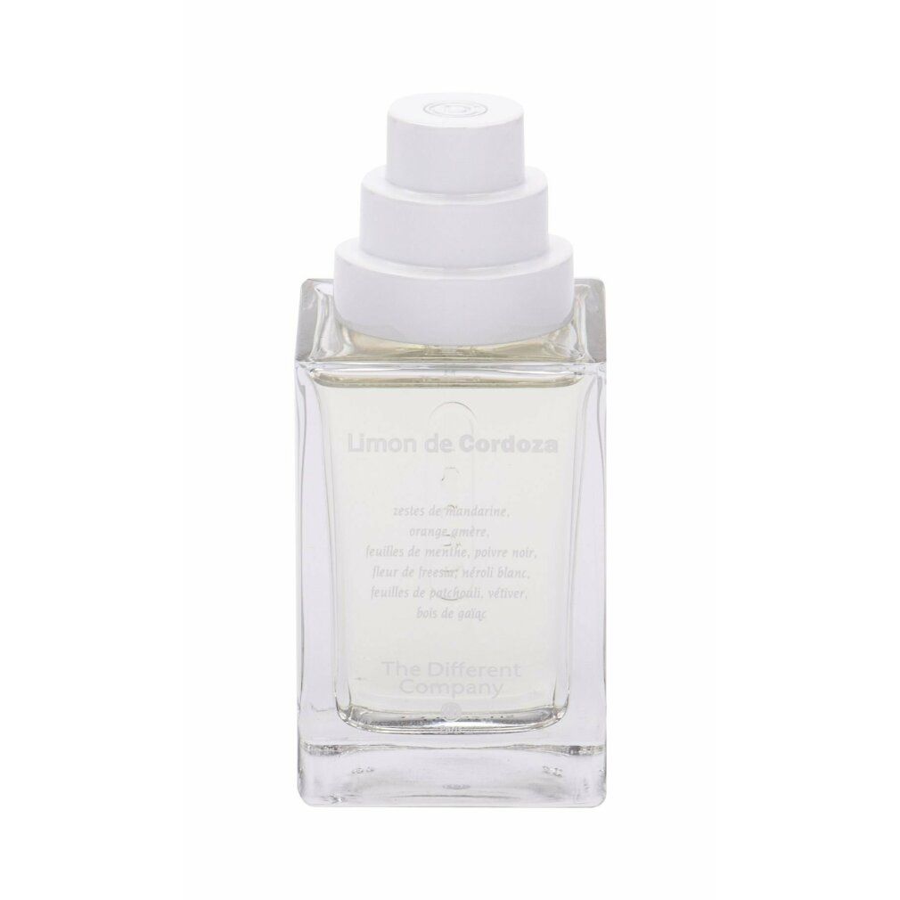 Flacone quadrato in vetro con tappo bianco. Scritta "Limon de Cordoza" e "The Different Company".
