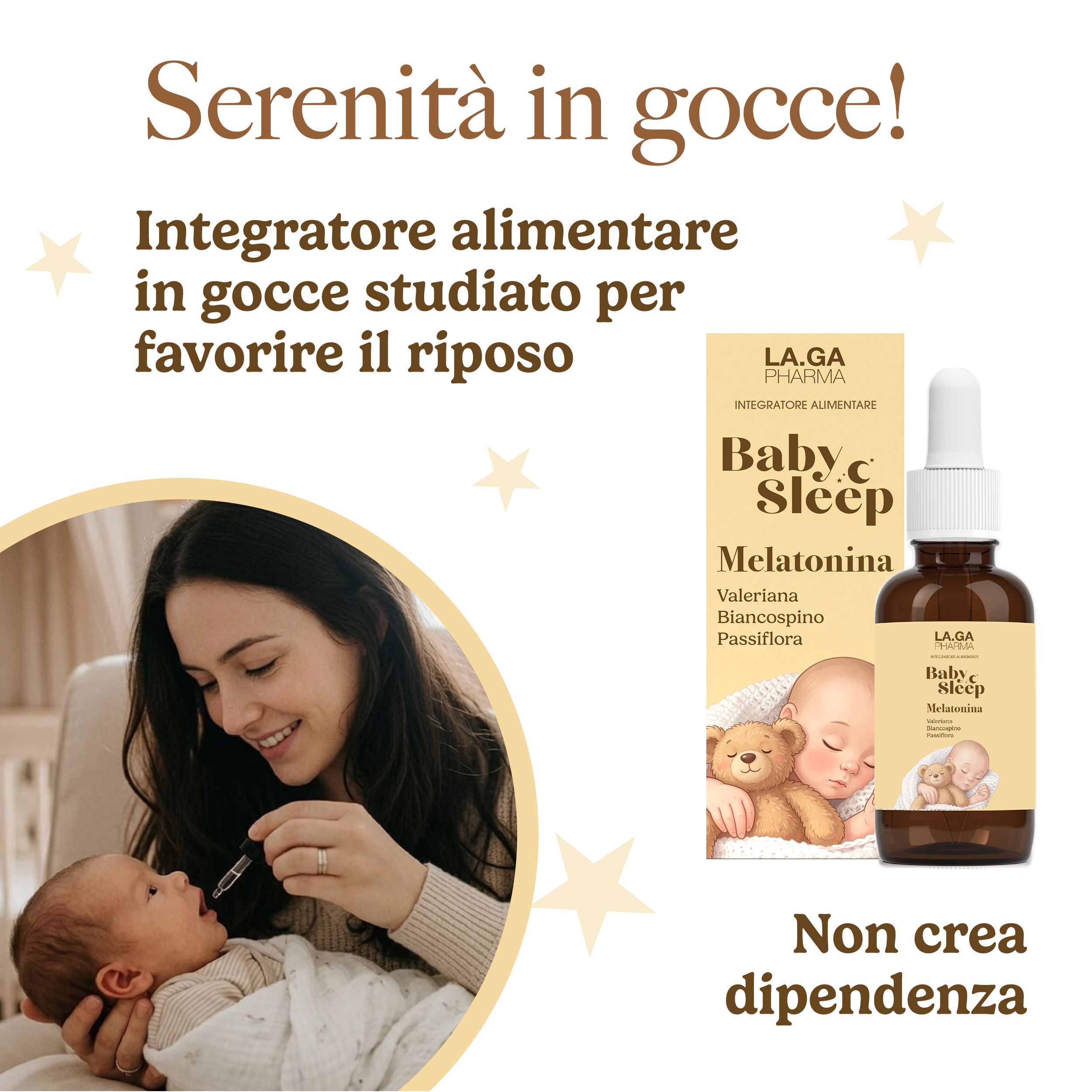 Madre somministra gocce Melatonina Baby Sleep al neonato. "Serenità in gocce!" è scritto sull'immagine.