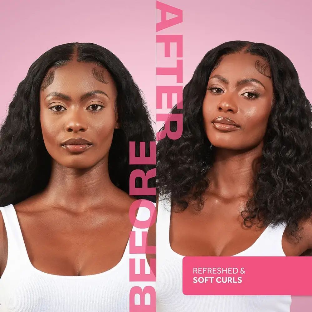 Confronto prima-dopo. Due donne con ricci. Sinistra: Prima. Destra: Dopo. Testo: Refreshed & Soft Curls.