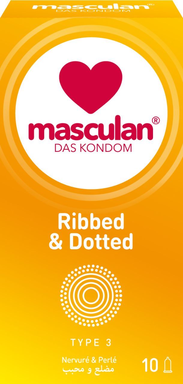 Confezione di preservativi Masculan Tipo 3, costine e puntini.