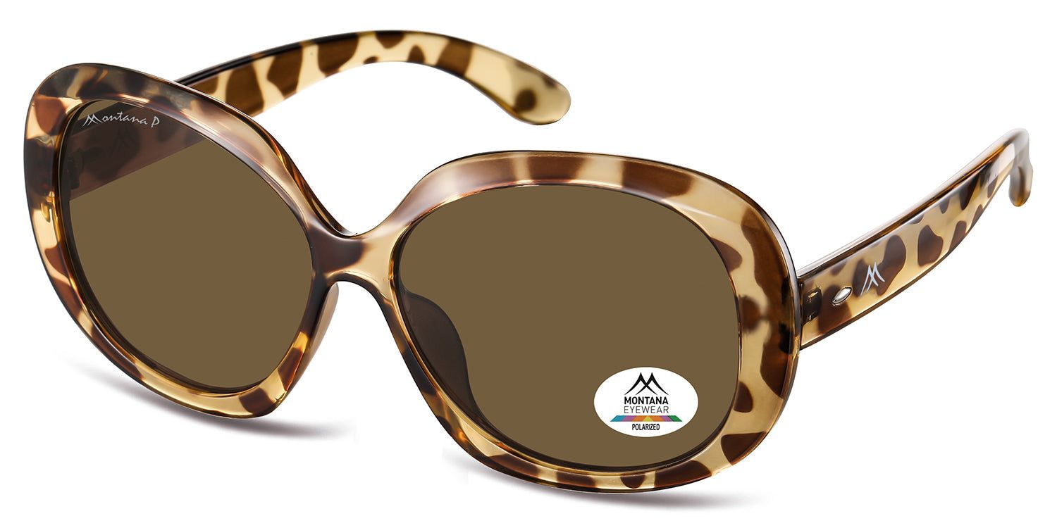 Occhiali da sole marroni e beige con montatura a fantasia leopardata. Logo e adesivo Polarized. Montana Eyewear.