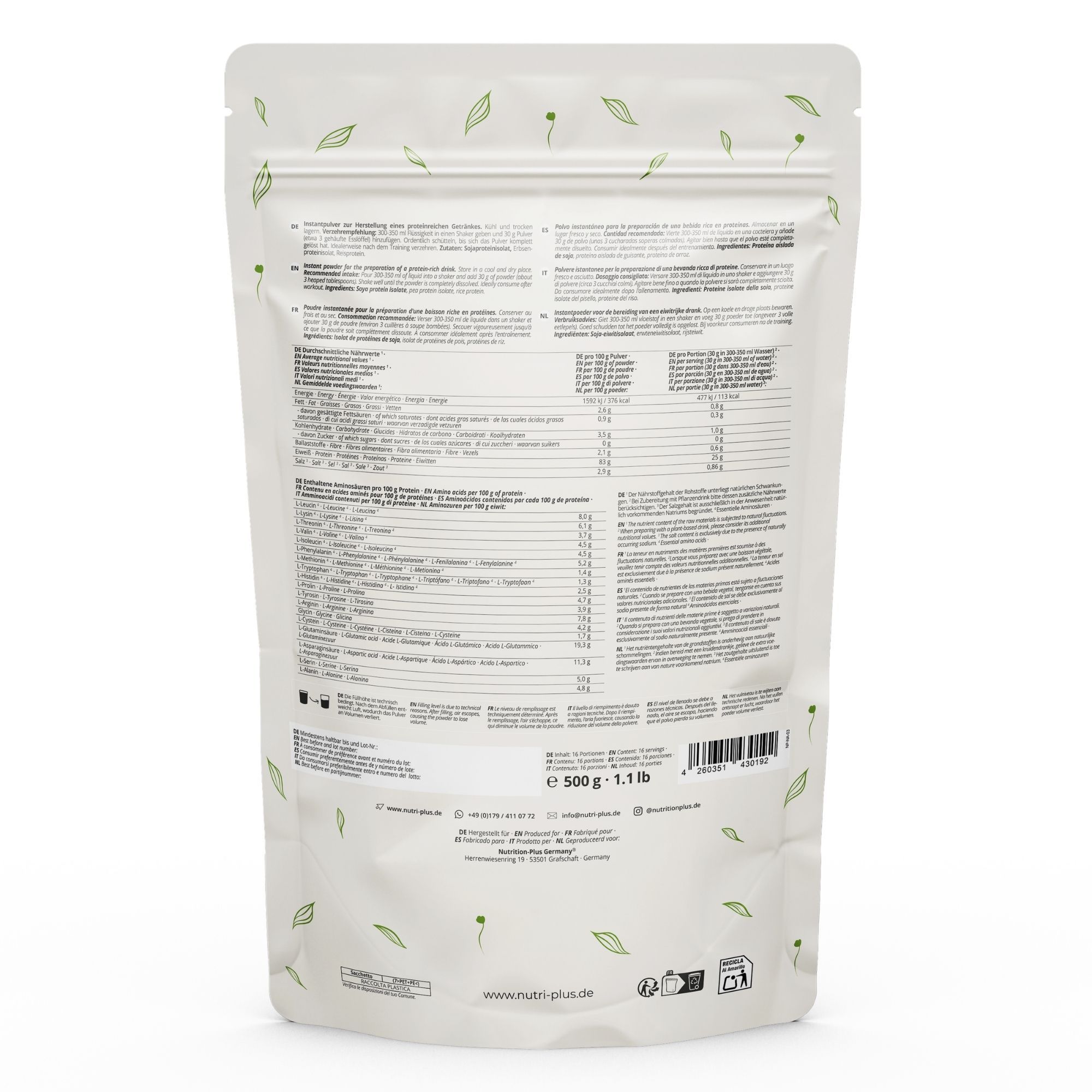 Istruzioni: Mescolare nutri+ Nature's Protein con 300ml di liquido e dolcificante opzionale per un frullato.