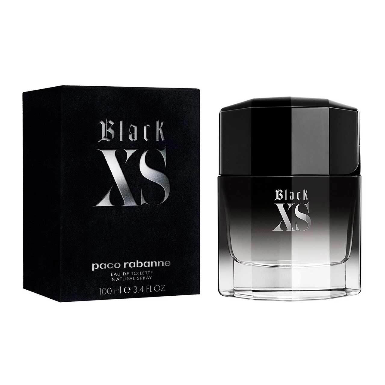 Scatola nera e flacone. Scatola con logo "Black XS" e "paco rabanne". Flacone sfumato e tappo nero.