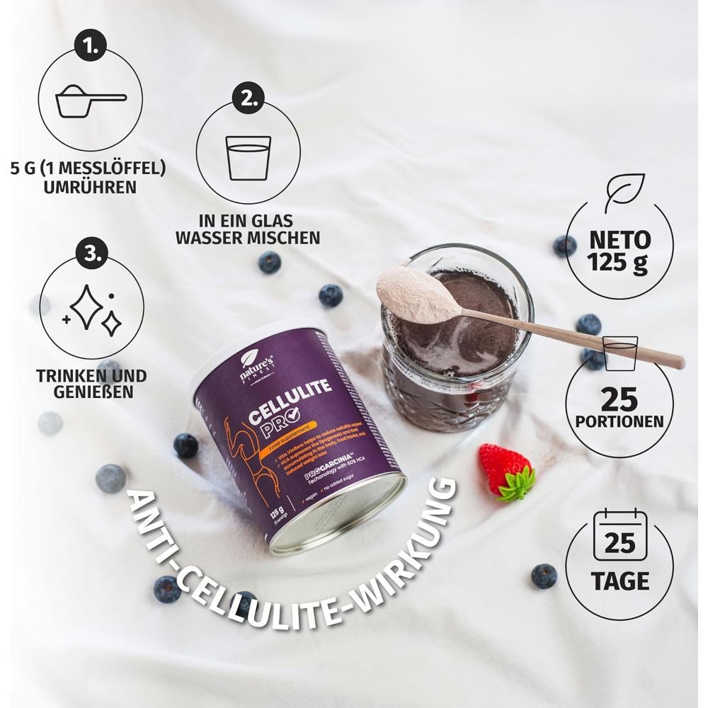 Istruzioni per preparare Cellulite PRO. Barattolo, bicchiere, cucchiaio, bacche e fragola. Testo: 125g, 25 porzioni, 25 giorni.