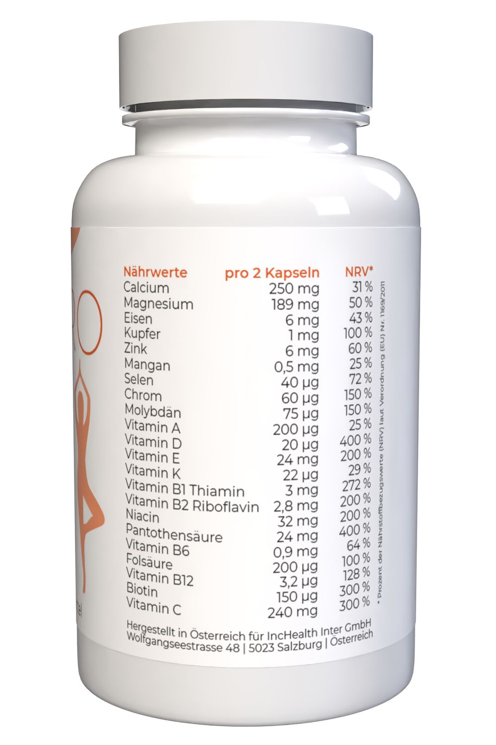 Flacone bianco con etichetta che elenca ingredienti e raccomandazioni per l'uso, con codice a barre e codice QR.