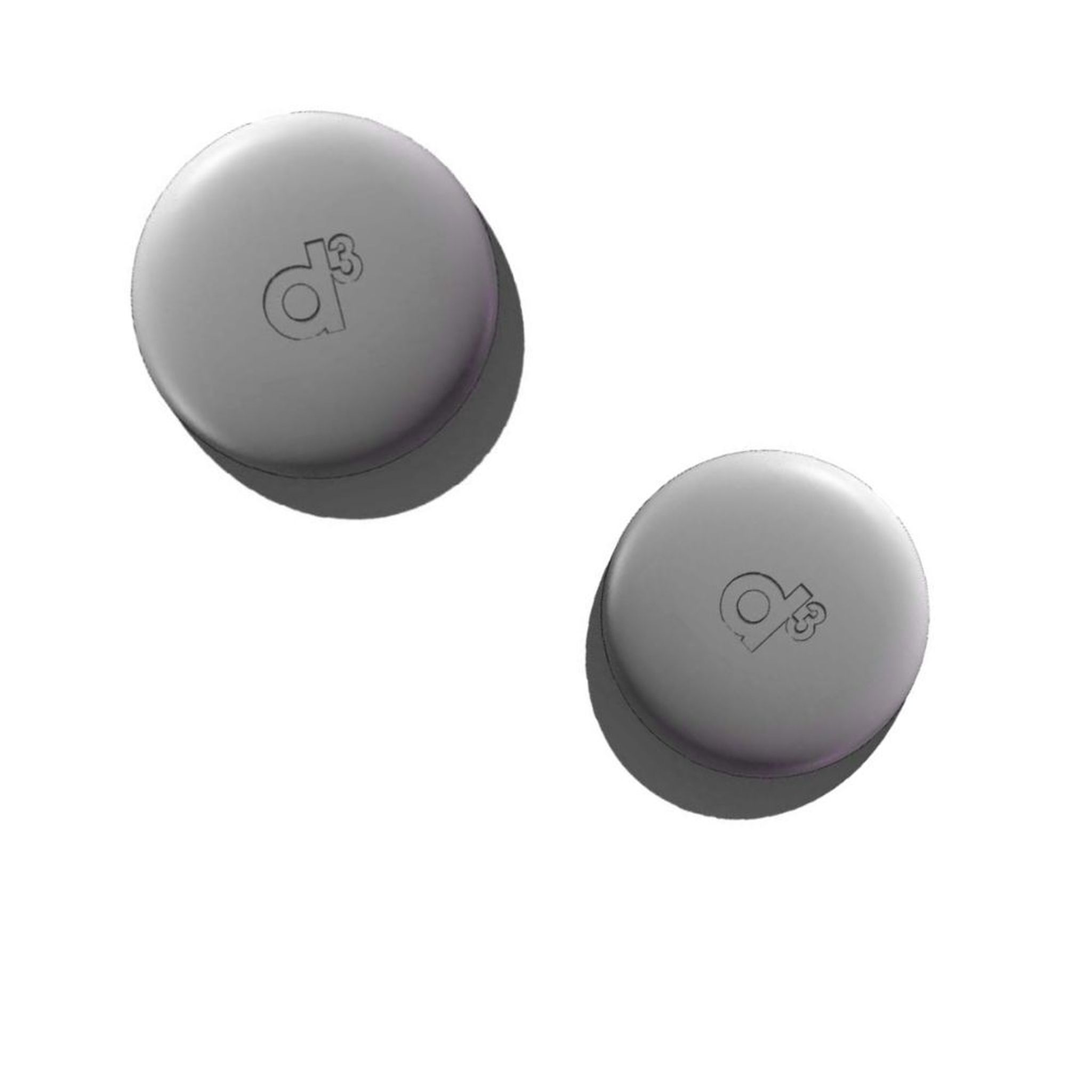 Due stimolatori muscolari wireless rotondi e grigi con logo in rilievo.