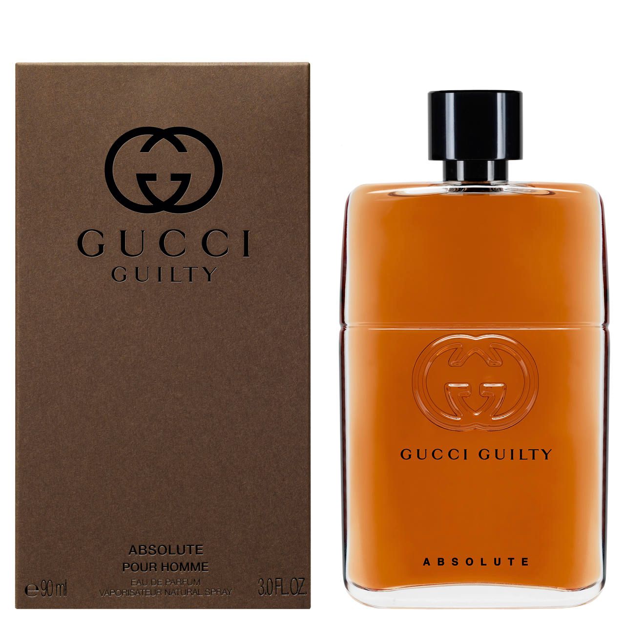 Confezione marrone e flacone. Flacone con liquido marrone, tappo nero. Scritta: Gucci Guilty Absolute.