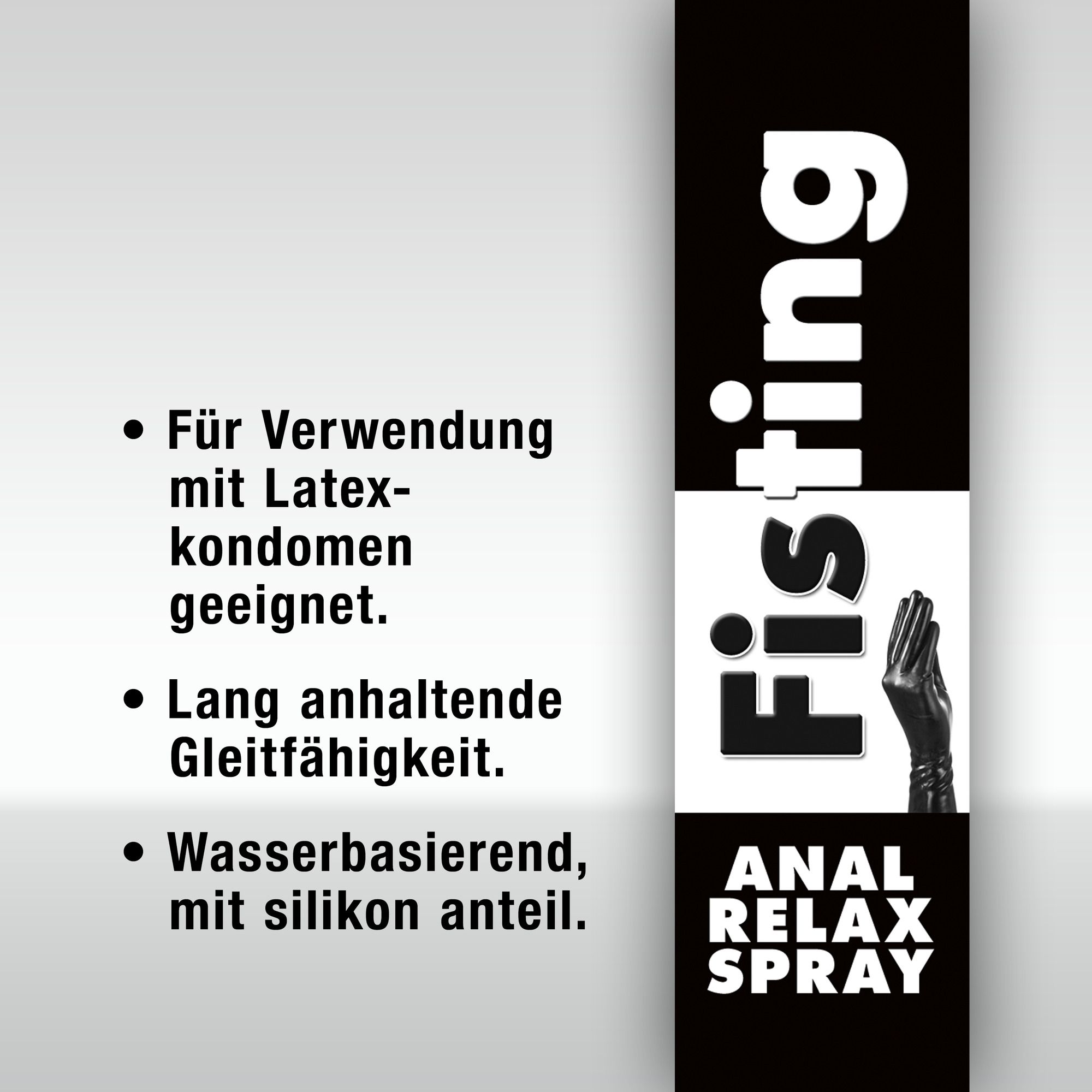 Spray Relax Anale: A base d'acqua, con silicone, adatto ai preservativi in lattice. Lubrificazione a lunga durata.