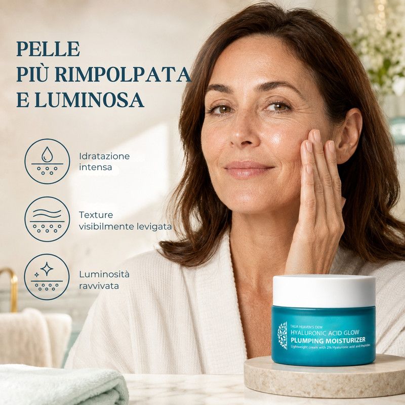 Una donna applica una crema idratante leggera sul viso, accanto a un barattolo blu.