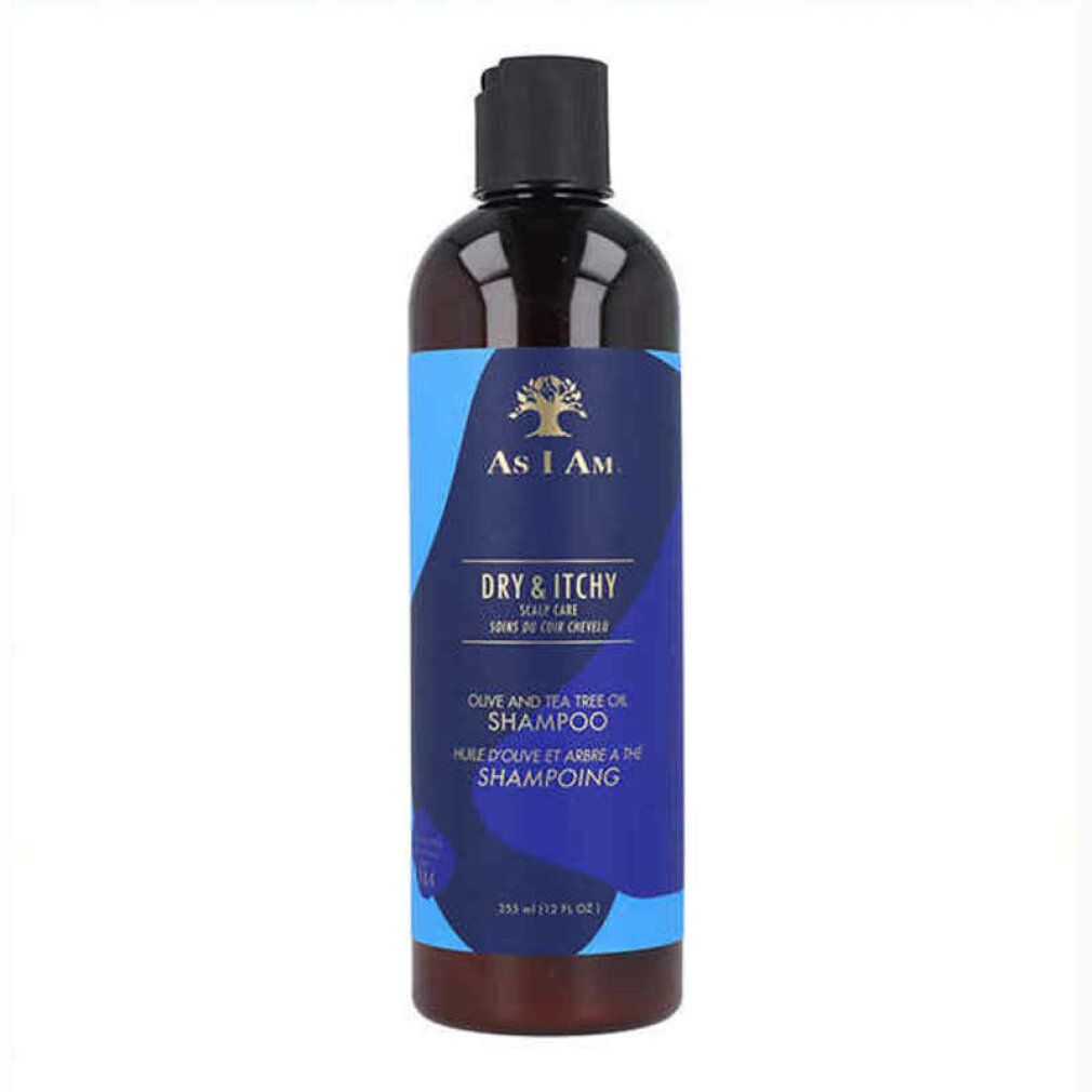 Flacone di shampoo marrone con tappo nero. Etichetta con accenti blu e bianchi. Scritta: As I Am, Dry & Itchy, Olive & Tea Tree Oil Shampoo.