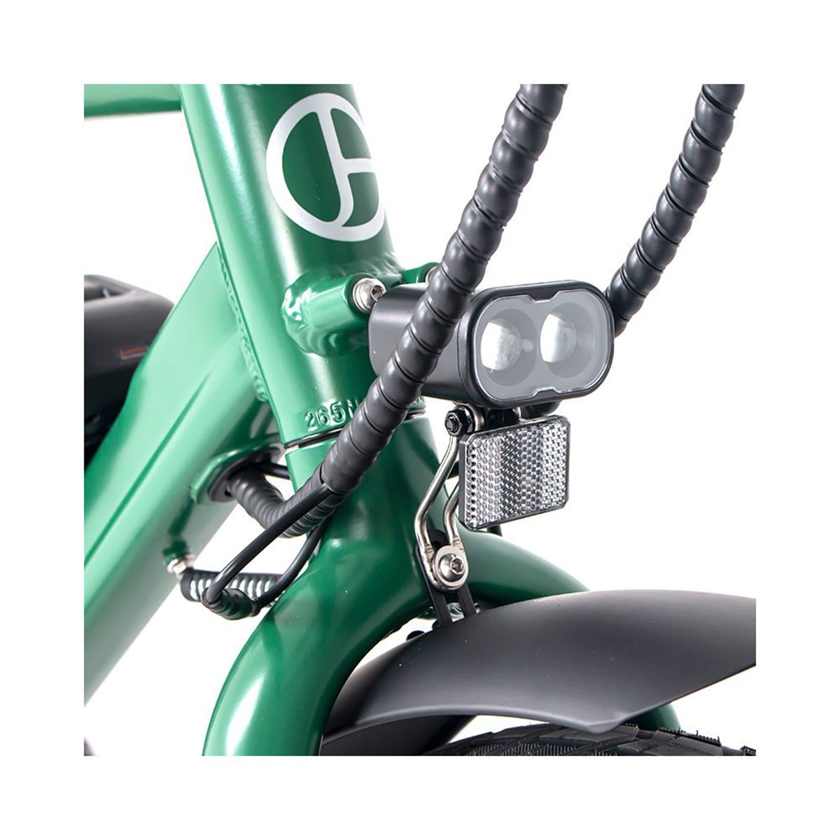 Telaio bici verde con faro e catarifrangente. Faro a doppio LED.