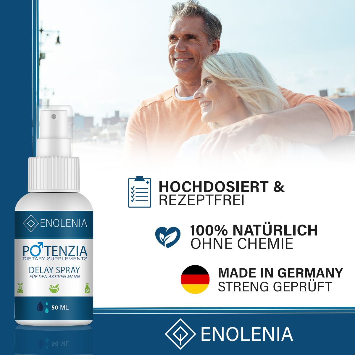 Prodotto con coppia anziana sullo sfondo. Testo: Altamente dosato & senza prescrizione, 100% naturale, Made in Germany.