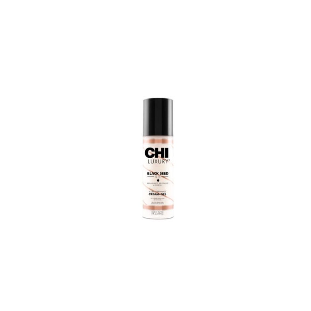 Flacone cilindrico con tappo nero. Scritta: CHI LUXURY, BLACK SEED OIL, CURL DEFINING CREAM-GEL. Strisce rosa e bianche.