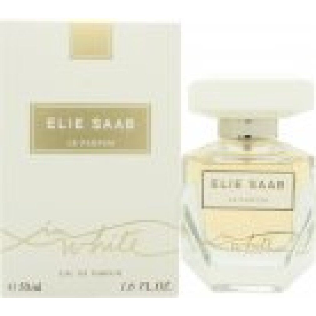 Flacone di profumo e confezione. Flacone con tappo bianco. Confezione con scritta dorata: ELIE SAAB LE PARFUM in white.