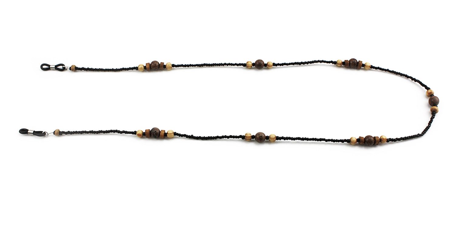 Catenina per occhiali con perline nere e perline di legno. La catenina ha anelli per il fissaggio alle aste degli occhiali.