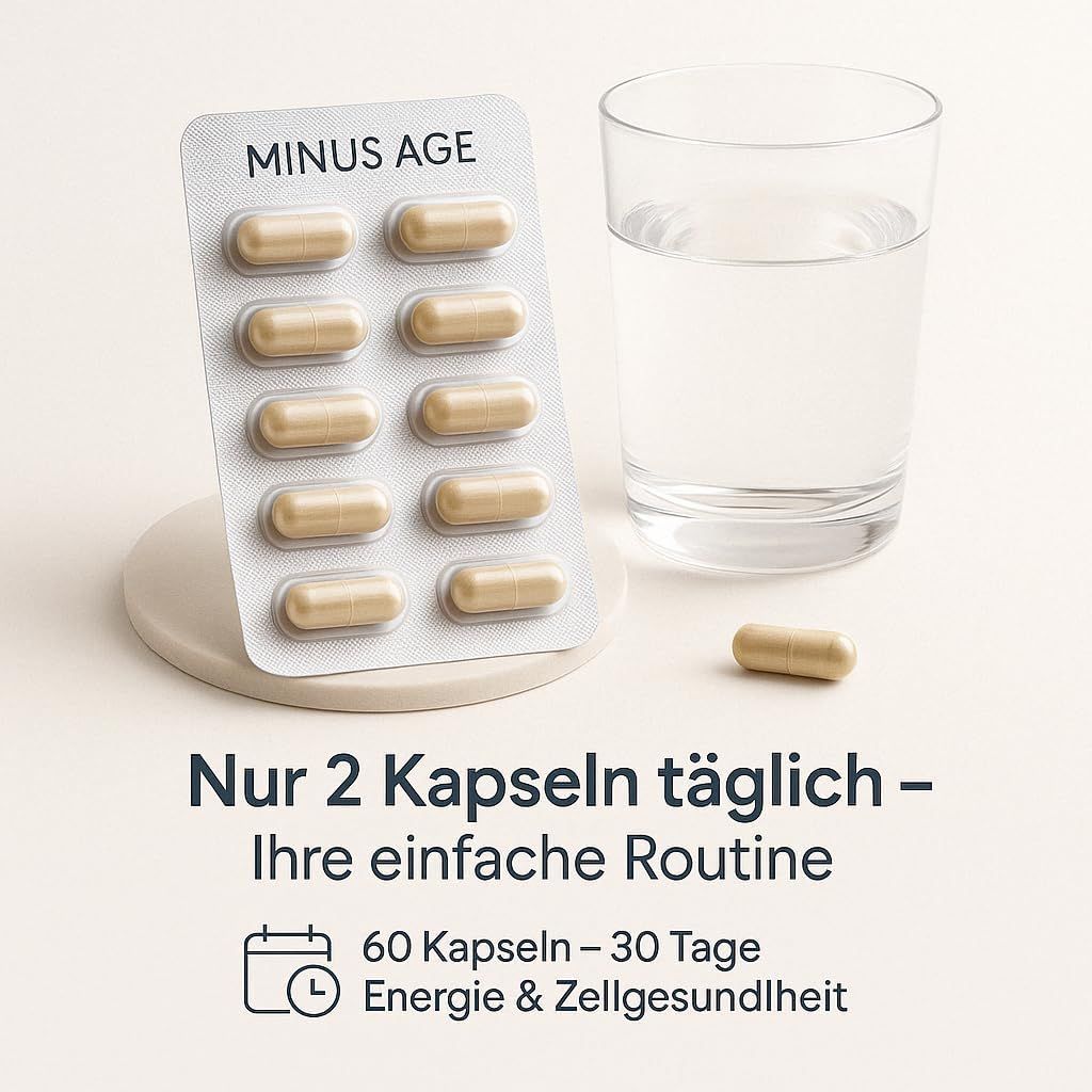 Blister di capsule, bicchiere d'acqua. Testo: Solo 2 capsule al giorno - La tua semplice routine. 60 capsule - 30 giorni di energia e salute cellulare.