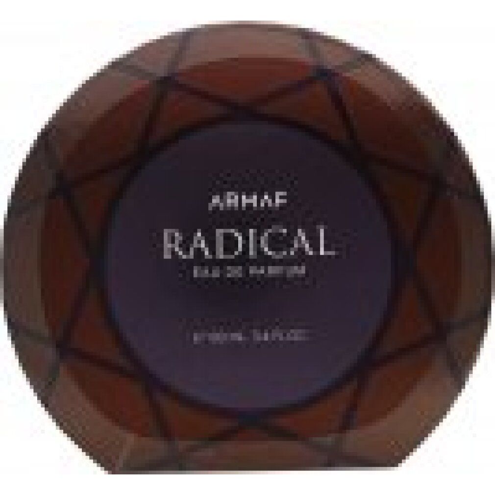 Primo piano della confezione rotonda. Motivo geometrico marrone. Scritta: Armaf Radical Eau de Parfum. Volume: 100 ml.