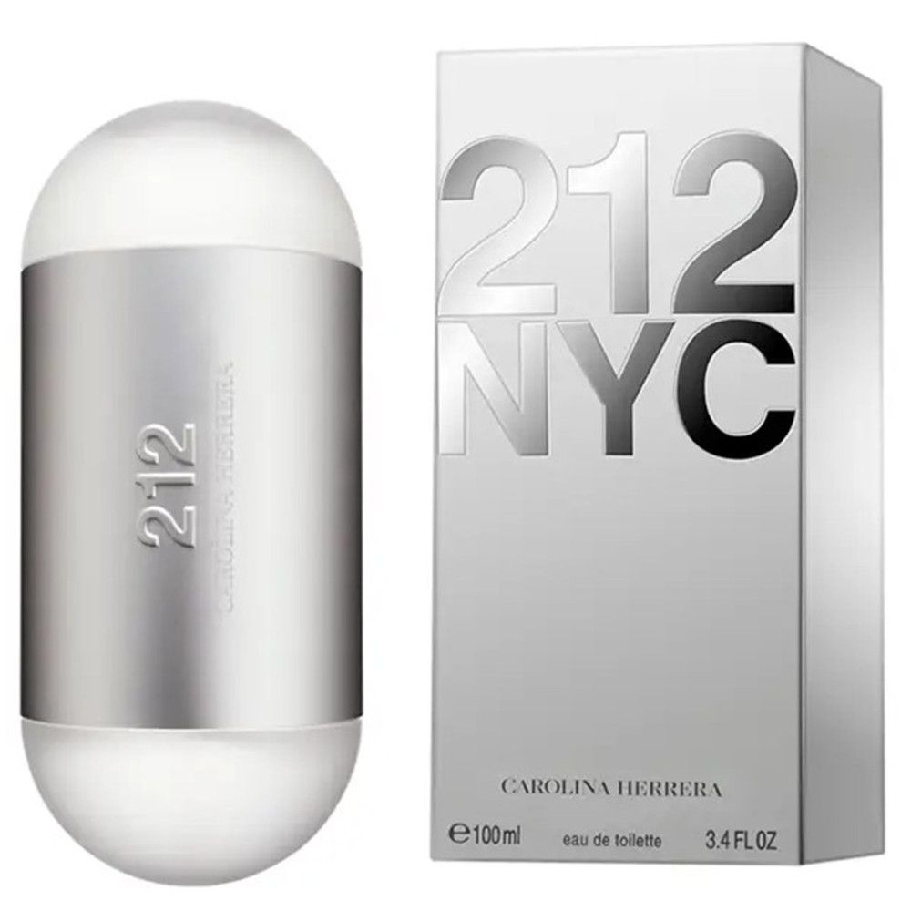 Flacone di profumo e confezione. Flacone cilindrico argentato con tappo bianco. Confezione argentata con scritta "212 NYC".