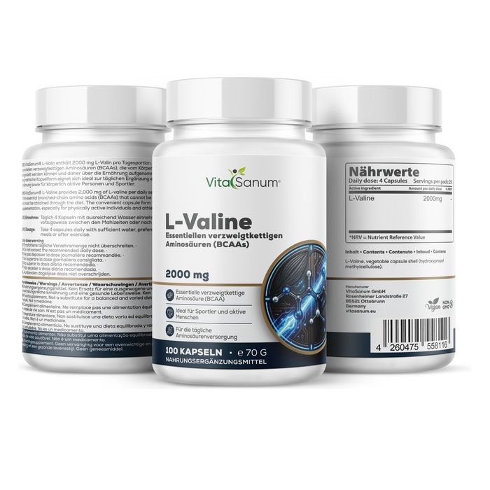 Capsule VitaSanum L-Valina: Tre contenitori, uno con informazioni nutrizionali. Integratore alimentare.