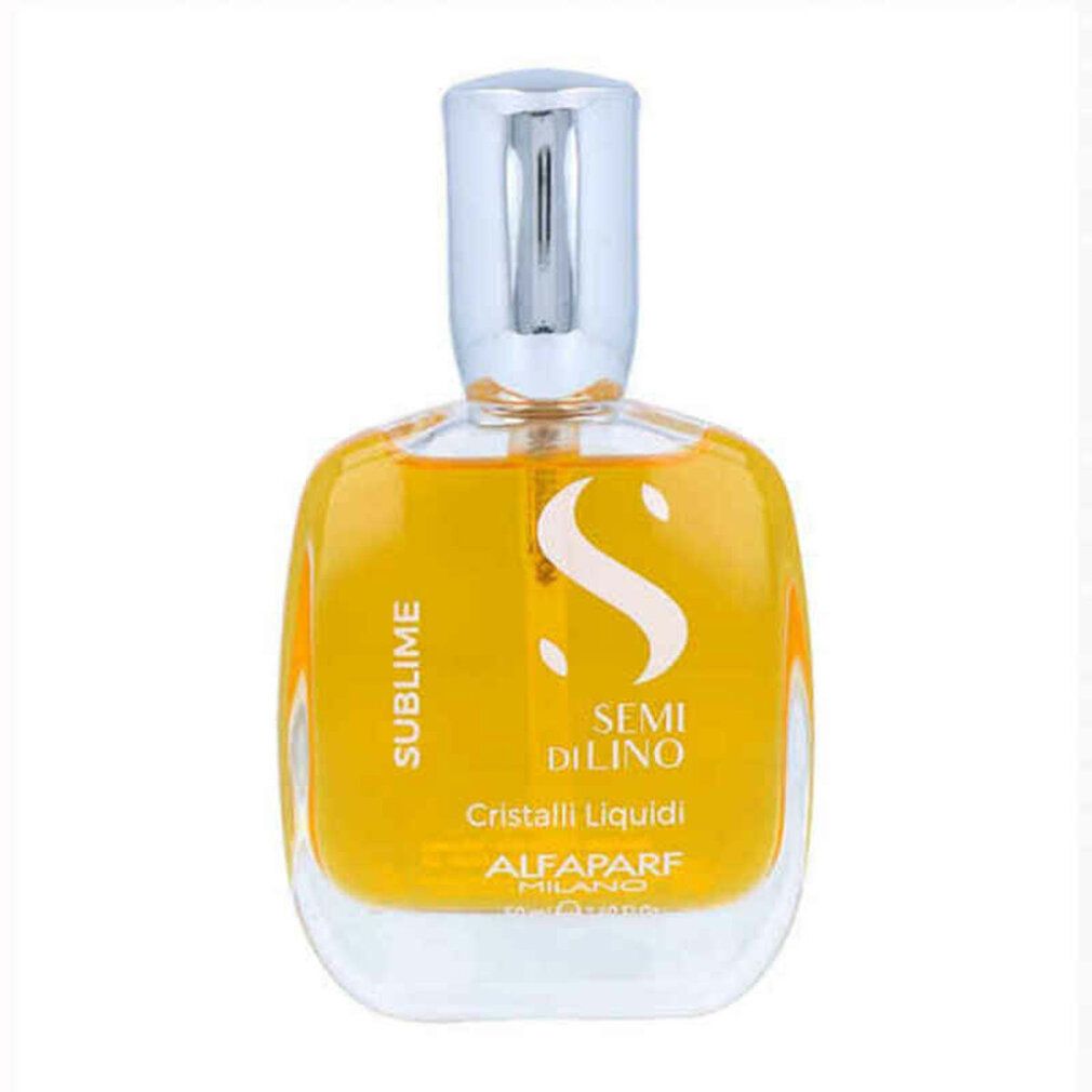 Flacone in vetro con liquido giallo. Scritte: Sublime, Semi Di Lino, Cristalli Liquidi, Alfaparf Milano.