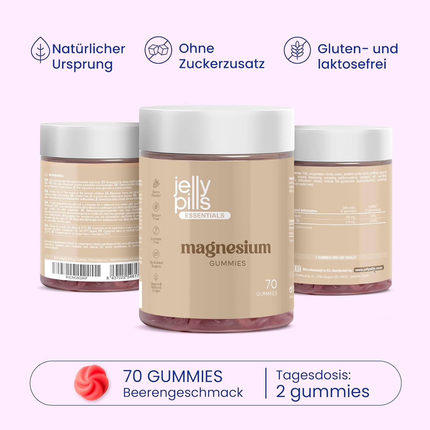 Tre barattoli di Jelly Pills Magnesium Gummibärchen. 70 caramelle gommose. Scritta: Senza glutine e lattosio.