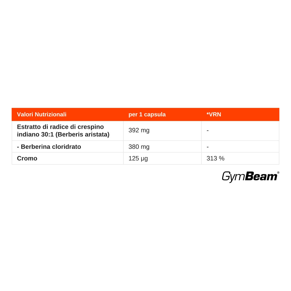 Informazioni nutrizionali per capsule Berberina + Cromo: 380 mg Berberina, 125 µg Cromo.