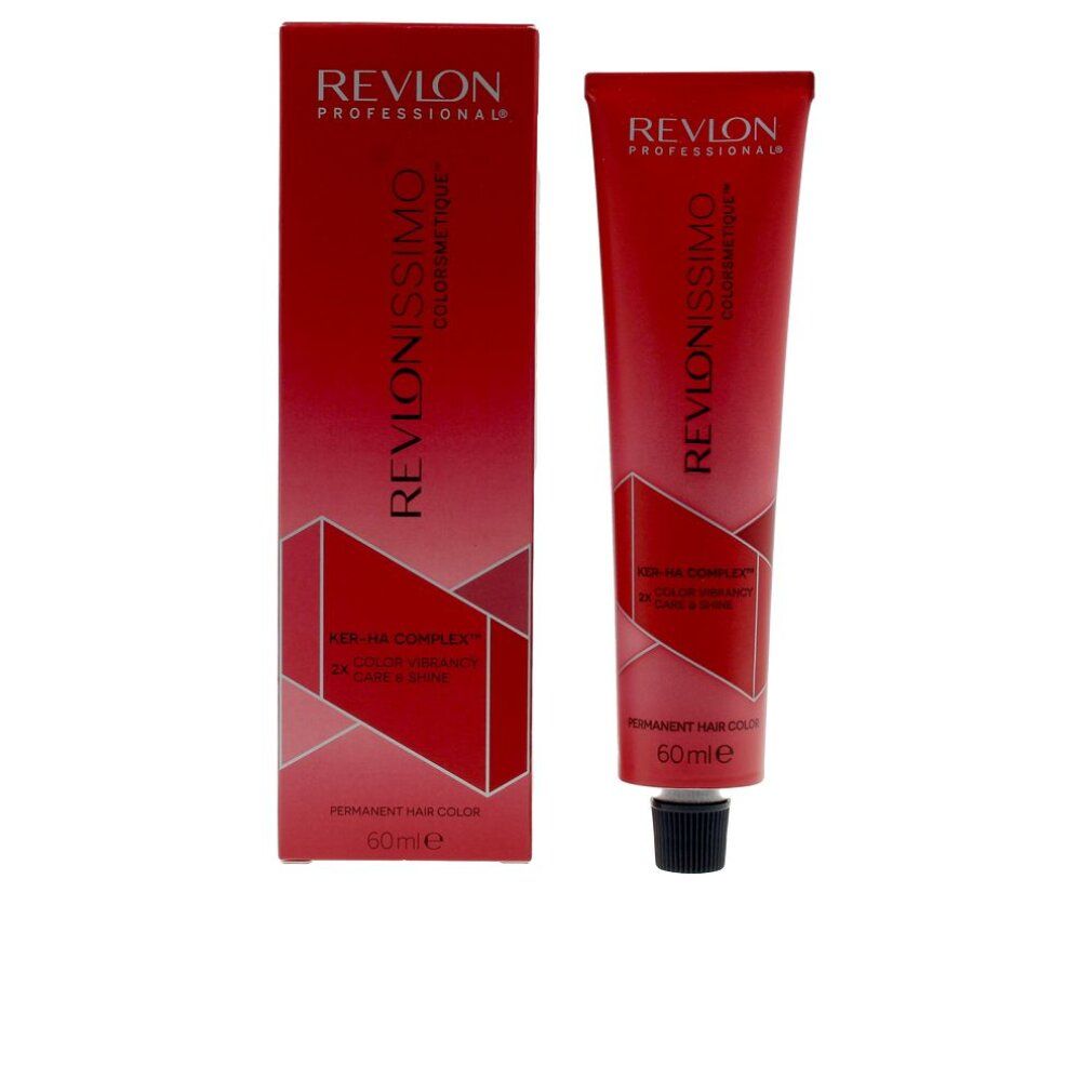 Tubo e scatola rossi. Scritta: Revlonissimo Colorsmetique. Contiene 60ml. Con Ker-Ha Complex per brillantezza e cura.