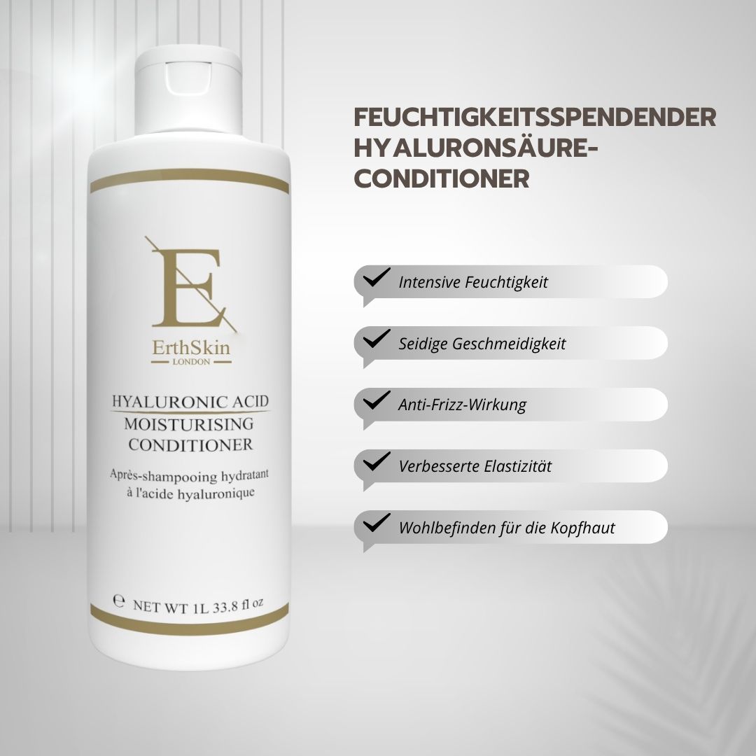 Flacone bianco con etichetta dorata. Testo: ErthSkin London, trattamento idratante all'acido ialuronico. Accanto a riquadri con i benefici.