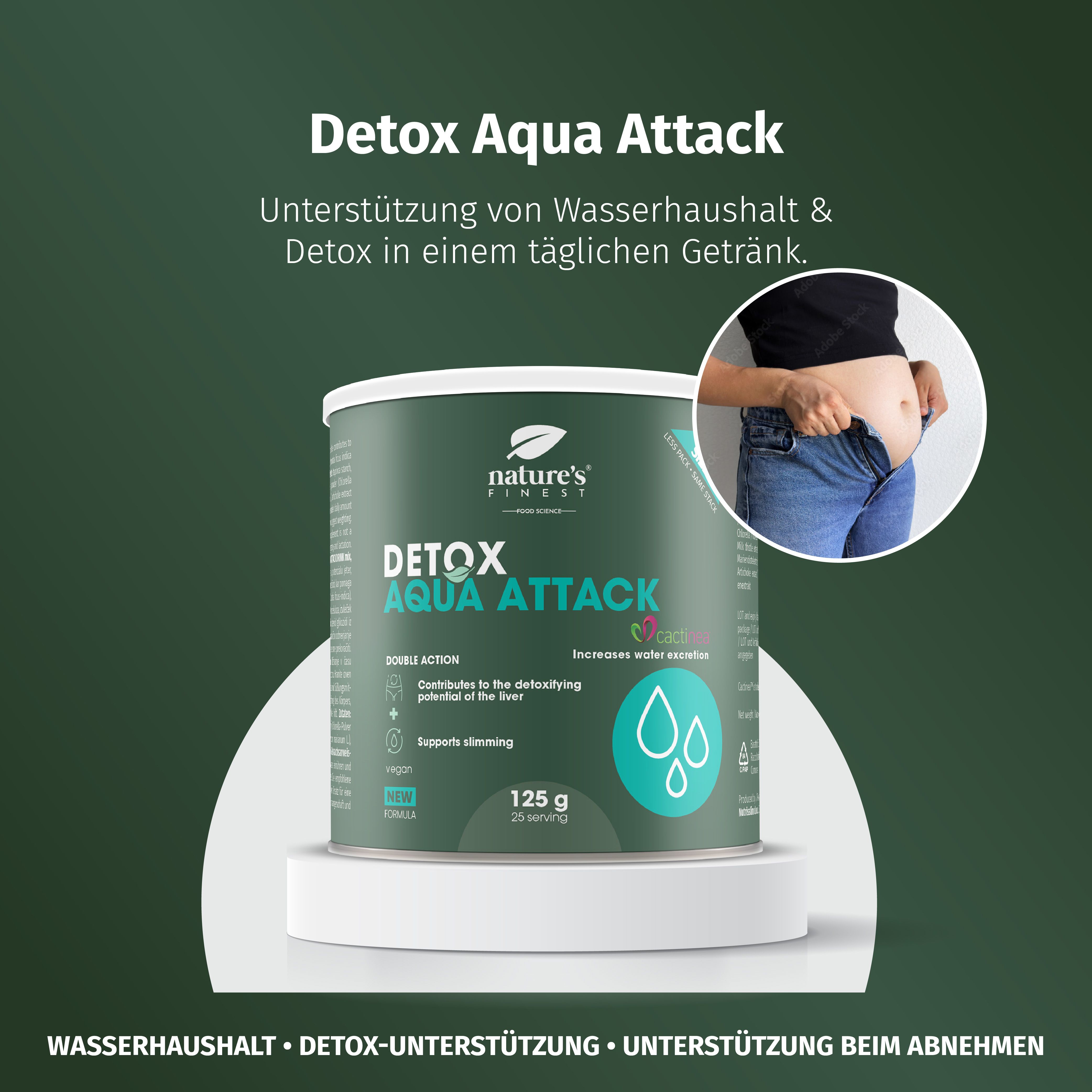 Lattina Nature's Finest Detox Aqua Attack, 125g, con rappresentazione di acqua e circonferenza addominale.