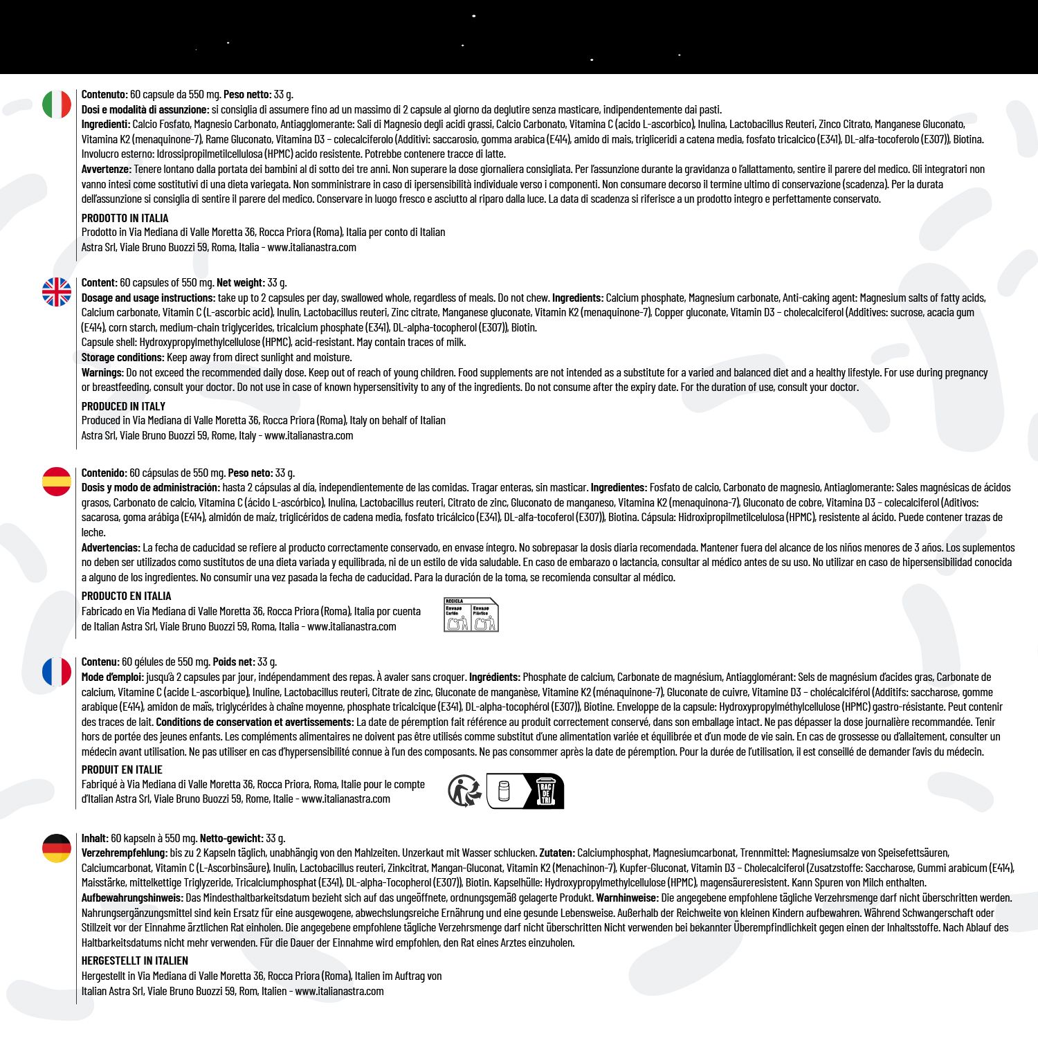 Informazioni prodotto multilingue. Testo: Istruzioni per l'uso, ingredienti, avvertenze. Marca: Italian Astra.